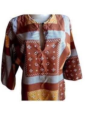 Boho Patchwork Tunic True Vintage Medium 70's Blouse Top Keyhole Kimono Sleeves